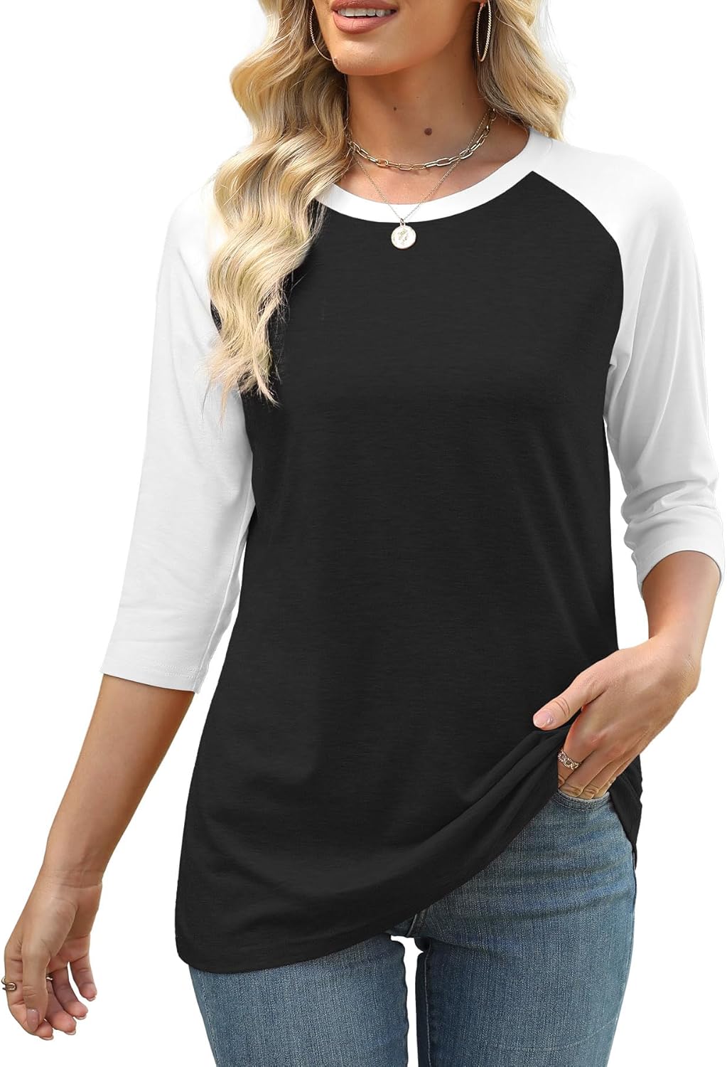 Heymiss Womens Tops 3/4 Sleeve Shirts Round Neck Loose Casual Tshirts Color Block Summer Tees - Image 2