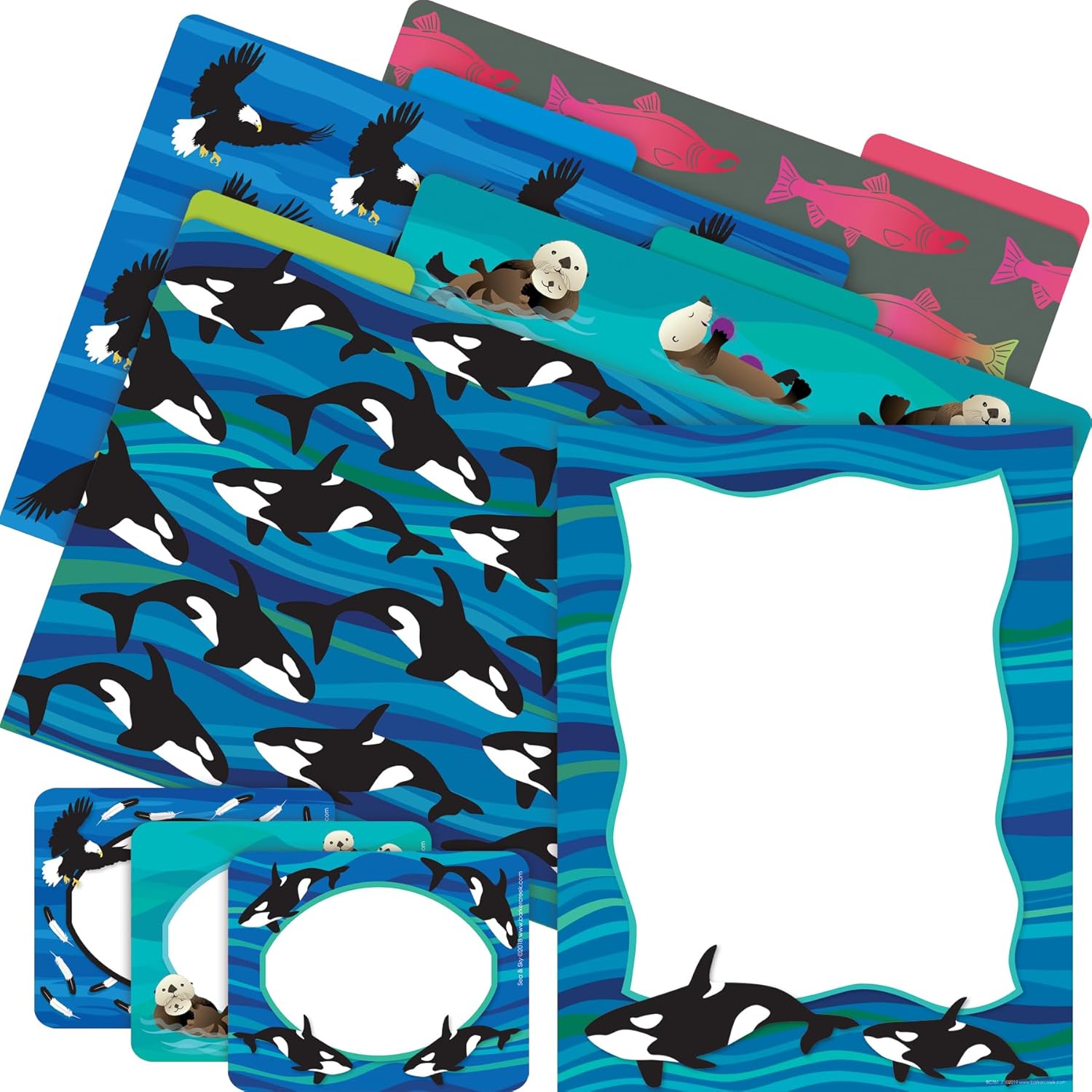 Barker Creek Get Organized Office Kit, Sea & Sky Whales, 12 Coordinating Designer File Folders Printed on 14pt Stock, 50 Sheets of Computer Paper, and 45 Versatile Self-Adhesive Labels/Name Tags(145)