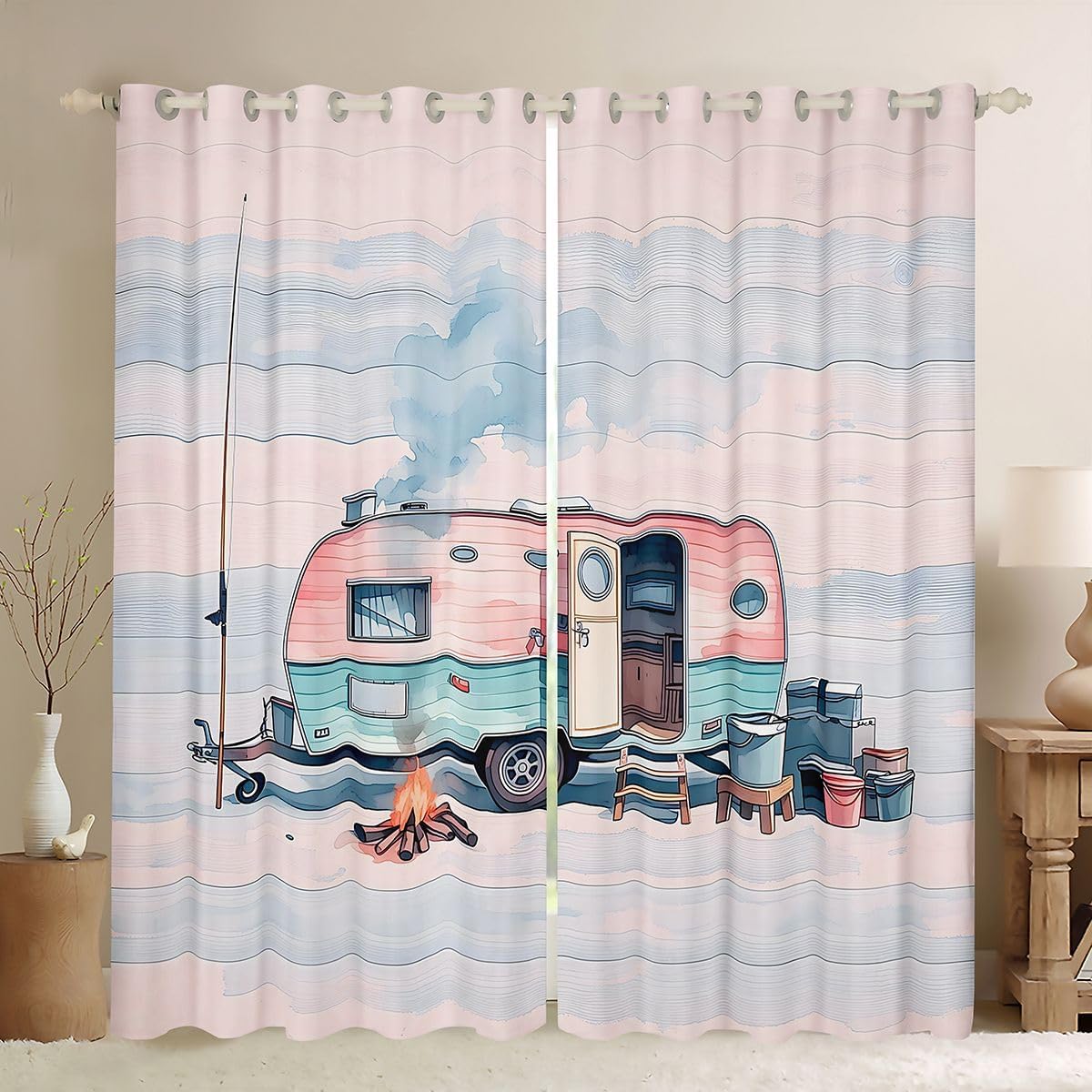 Erosebridal Kids Camper Curtain 2 Panels,38"x45" Happy Camping Window Curtain Pine Tree Blue Yellow Blackout Curtains Rv Decorations for Inside Camper Curtains & Drapes