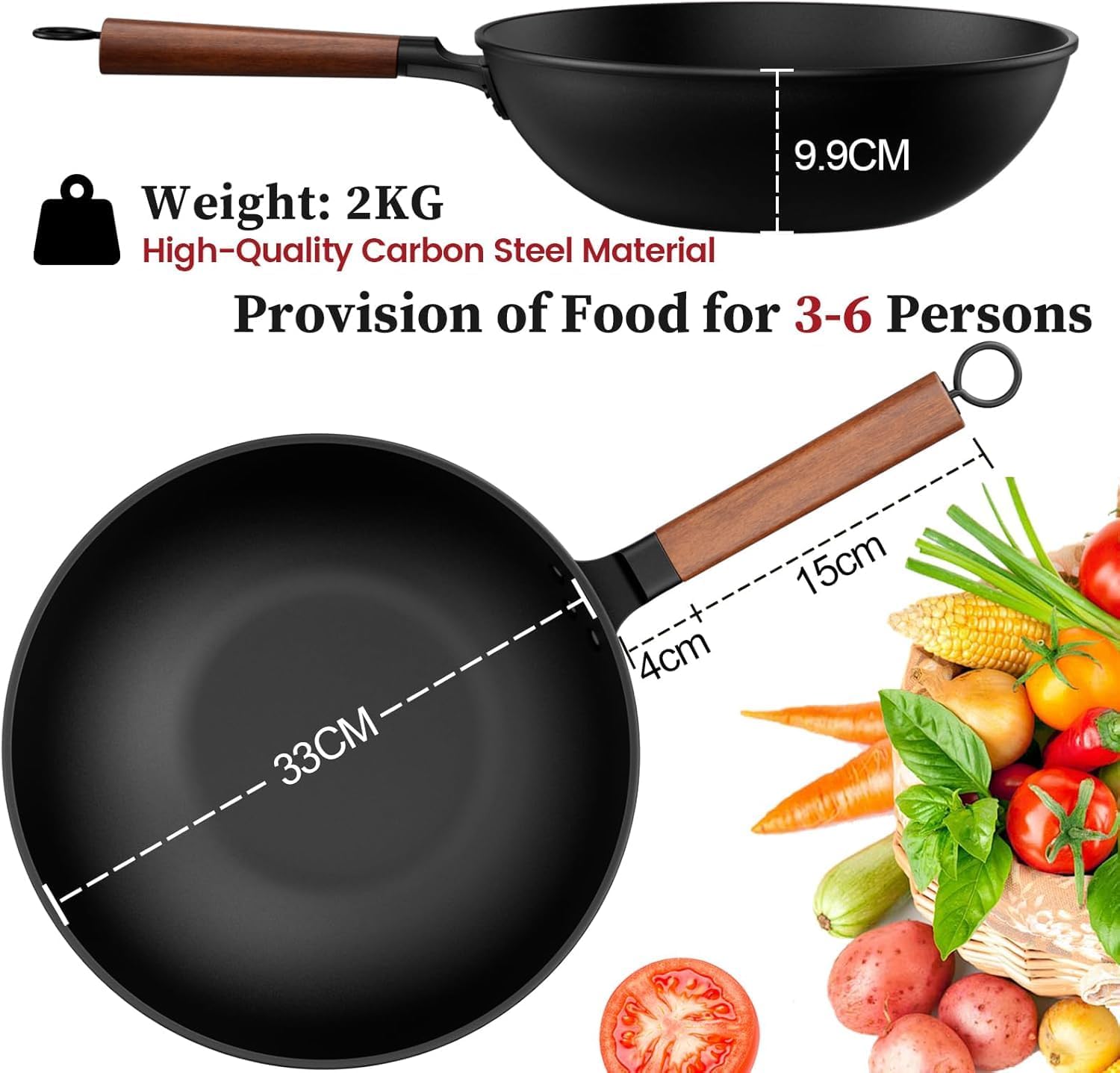 Carbon Steel Wok, 13-Inch, Pre-Seasoned, Non-Stick, with Lid and Spatula, Flat Bottom, Ideal for Stovetop Cooking - Image 3