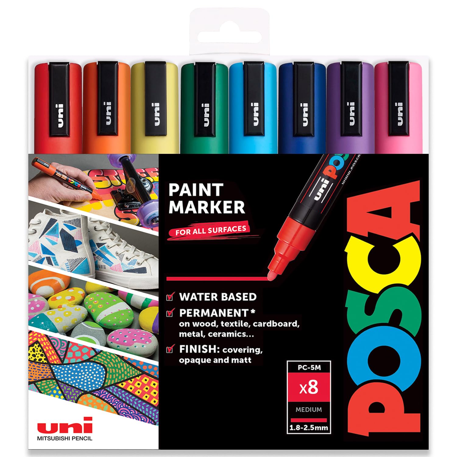 Posca Rotuladores de pintura PC-5M con punta de 1,8 a 2,5 mm, juego de 8 colores esenciales en cartera de plástico