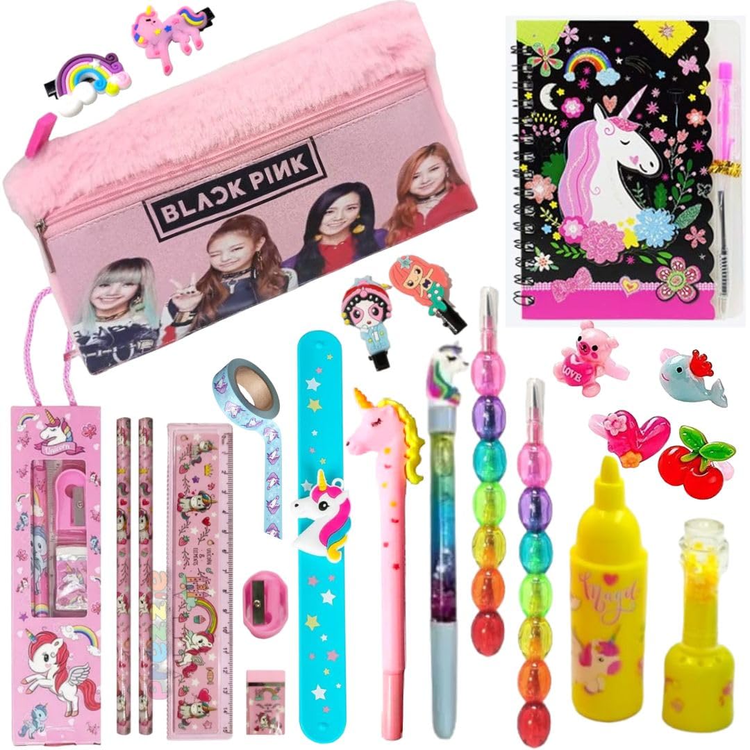 Prezzie Villa Pack of 23pcs Black Pink & Unicorn School Stationery Set - Spiral Pocket Diary, Pencils, Pouches & Washi Tape for kids Return Gift (B0D9239Z3L) Amazon Price History, Amazon Price Tracker