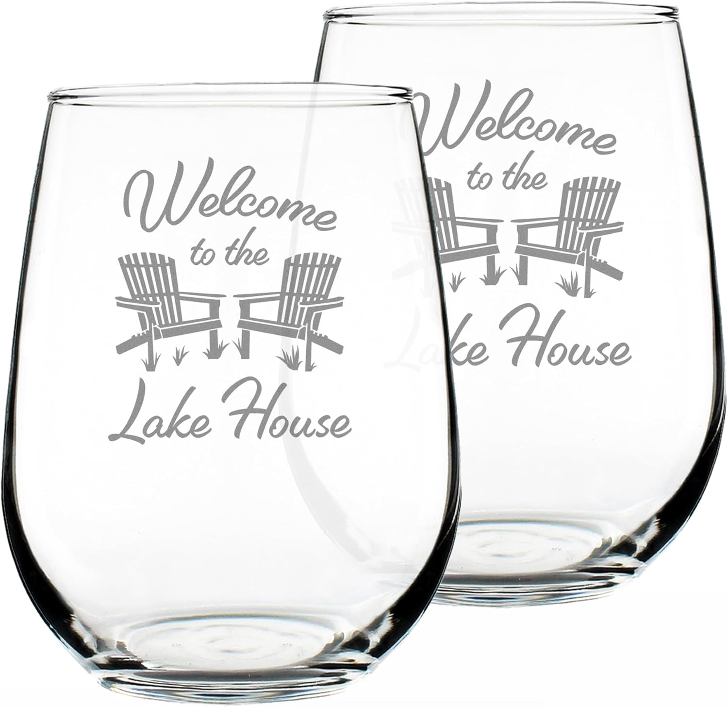 Bevvee Welcome To The Lake House - Stemless Wine Glass - Lake Home Rustic Cabin Decor - Set of 2 - Large 17 Ounce Glasses