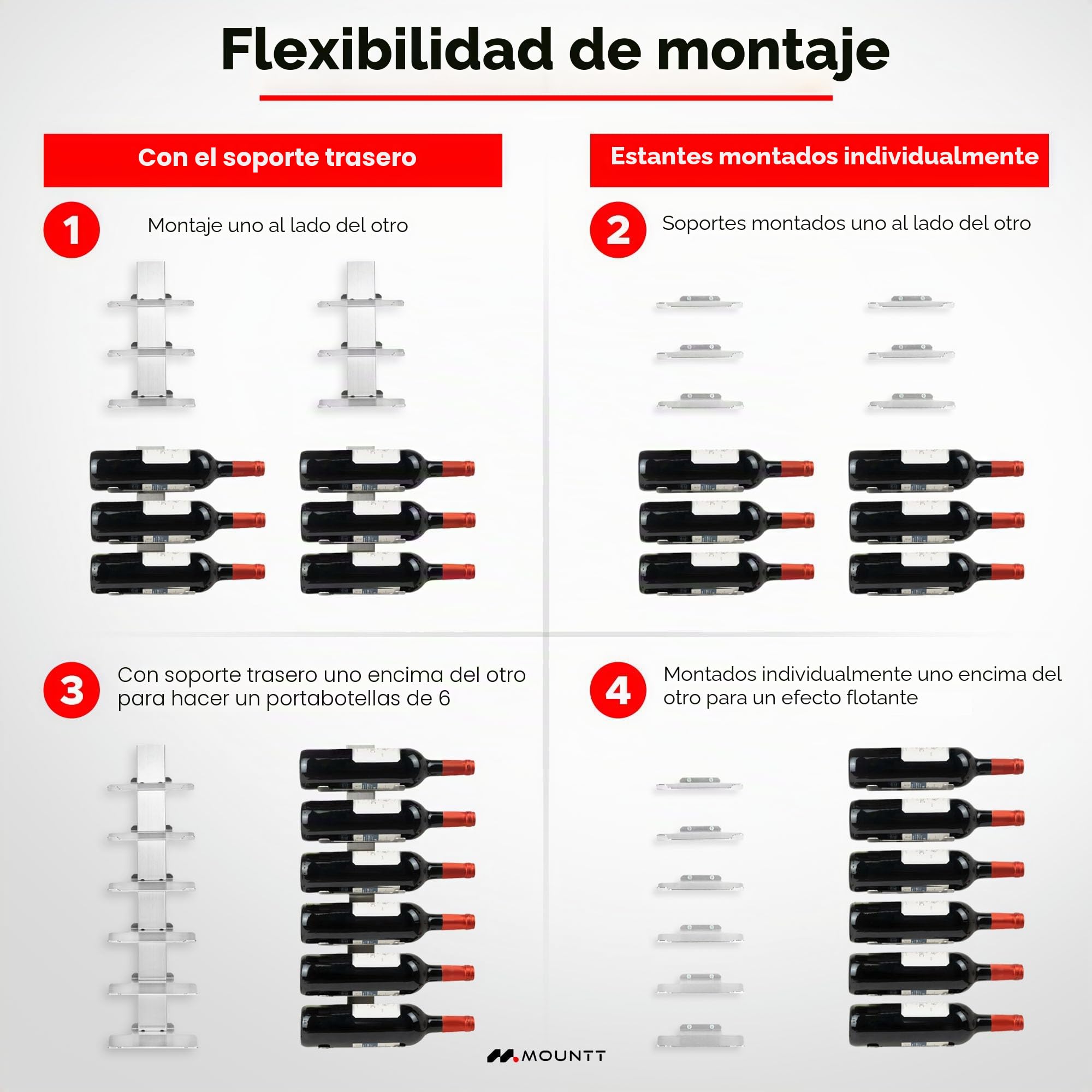 Estante de vino de acero inoxidable montado en la pared, solución de almacenamiento de vino para 6 botellas con diseño desmontable y diseño flotante moderno, soporte para botellas de vino