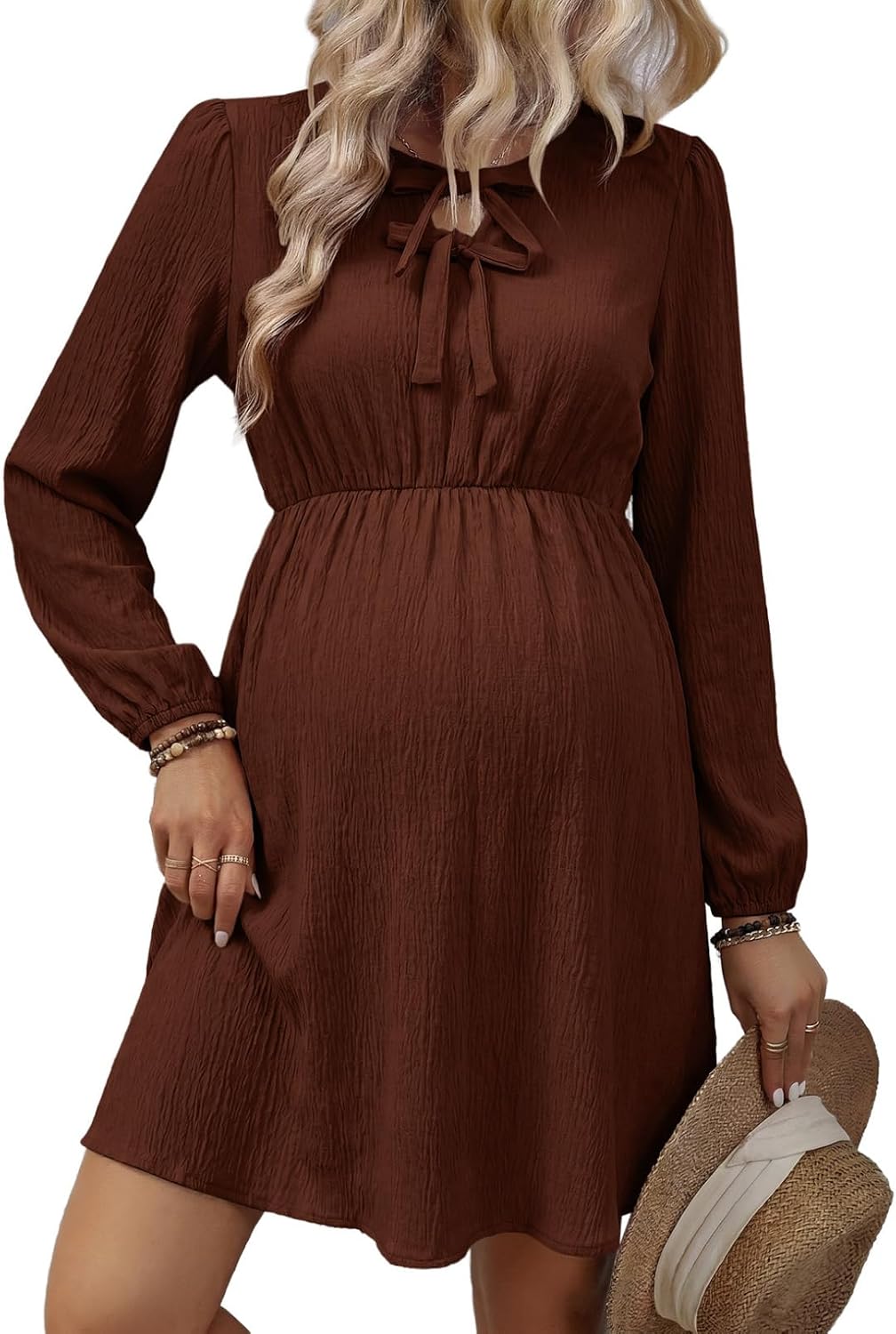 BLENCOT Women's Midi Dress Tie Neck Elastic High Waist Breathable with Pockets Maternity Friendly for Daily Work Wear