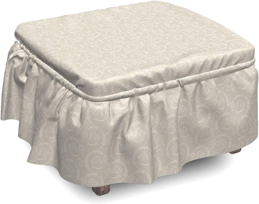 Lunarable Taupe and White Ottoman Cover, Ottoman Foliage, 2 Piece Slipcover Set with Ruffle Skirt for Square Round Cube Footstool Decorative Home Accent, Standard Size, White Taupe