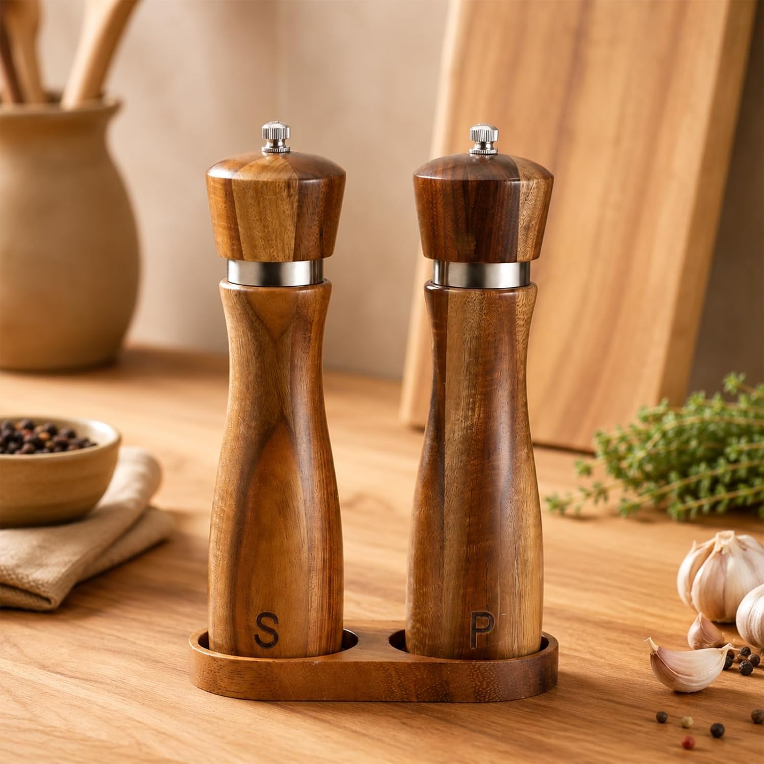 Salt and Pepper Mill Tray, Salt and Pepper Holder Wood Tray Inner Dia 2.4 Inch Fit Many Mills & Shakers Grinder Accessories for Kitchen Home Decor