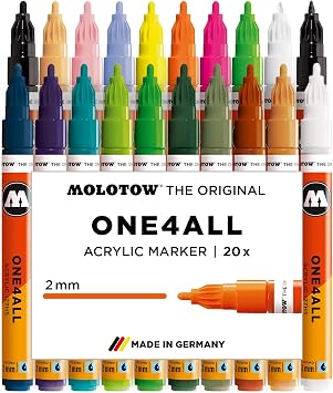 Molotow One4All 127HS Acryl Marker Main-Kit 2 2,0 mm Strichstarke, hochdeckend und permanent, UV-bestandig, fur fast alle Untergrunde 20 Stuck sortiert
