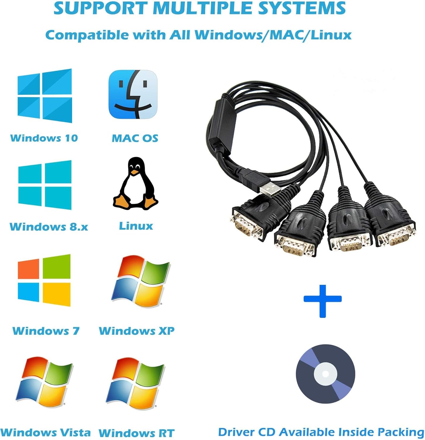 TECHTOO 4 Port Professional FTDI CHIP USB to RS232 Serial Cable DB9 Serial Adapter Converter 9-Pin Male to Male with Hexnuts (W/Hexnuts, 4 RS232 Port)