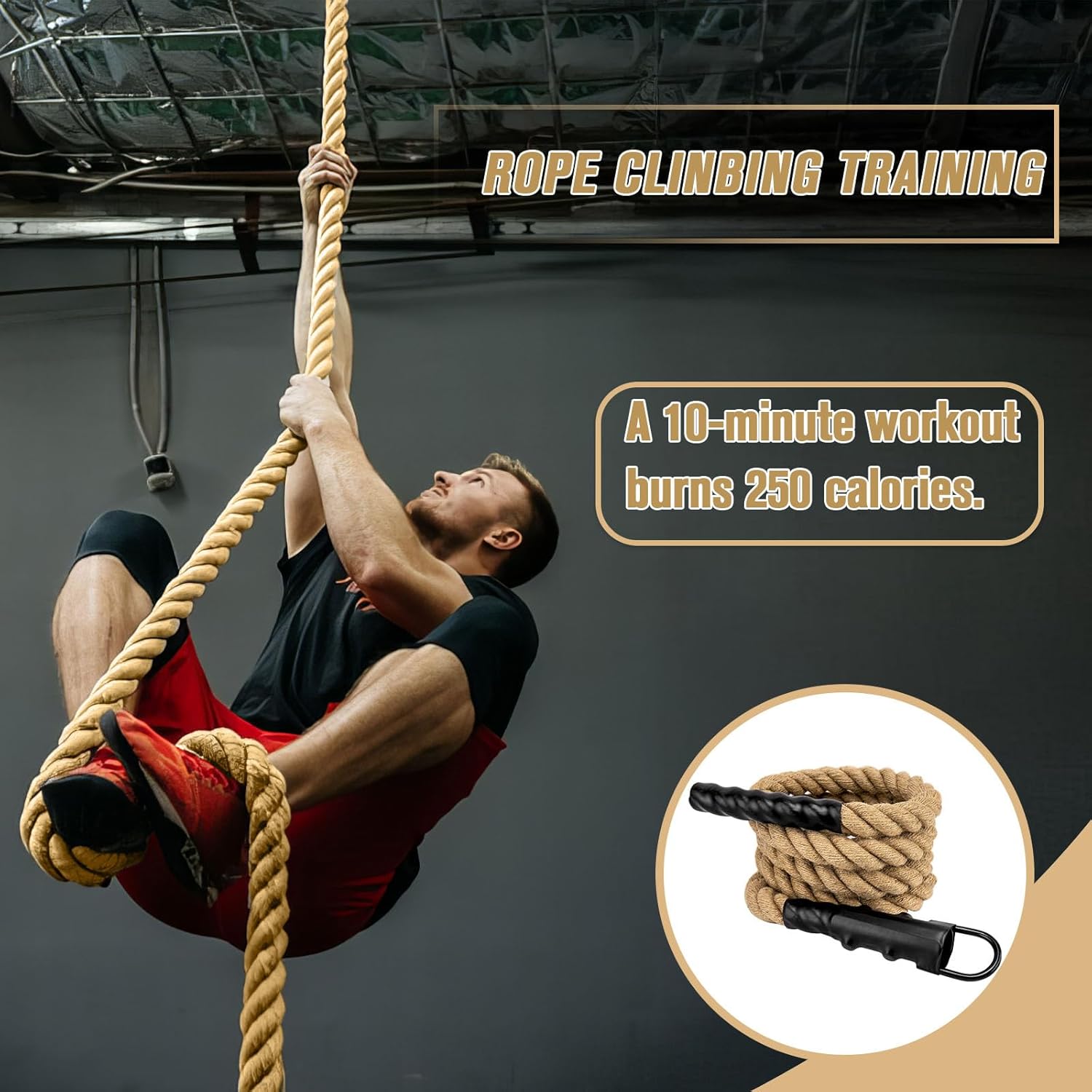 Gym Climbing Rope, Indoor Outdoor Climbing Ropes - Climbing Rope for Adults - 10ft Length, 1.5" Diameter, Climbing Ropes with Hook for Indoor and Outdoor Fitness