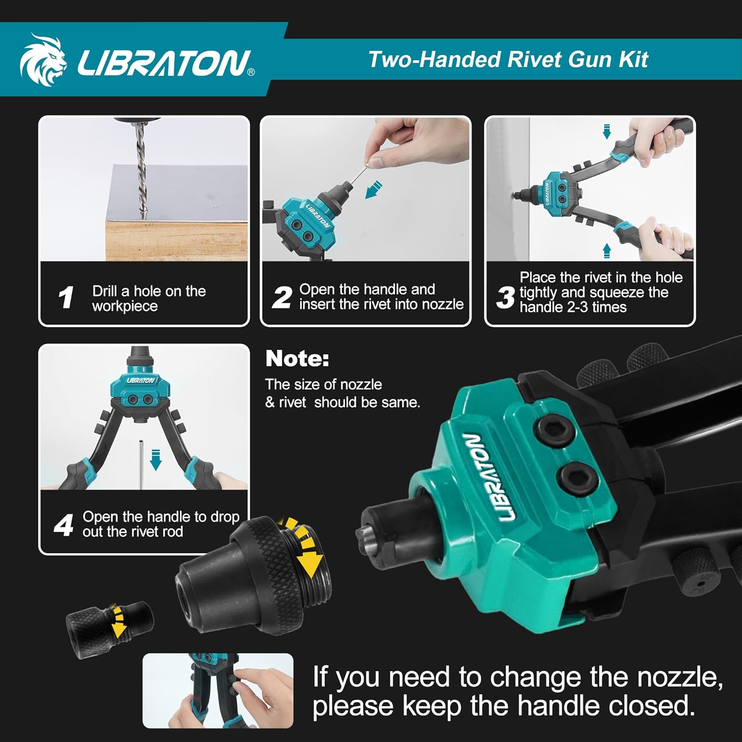 LIBRATON Pop Rivet Gun Kit, Two-Handed Rivet Gun, Heavy Duty Rivet Gun Kit, Pop Rivet Tool with 250 Aluminum Rivets in Box, 5 Tool-Free Interchangeable Nozzles, 5 HSS Drill Bits, for Automotive, Metal