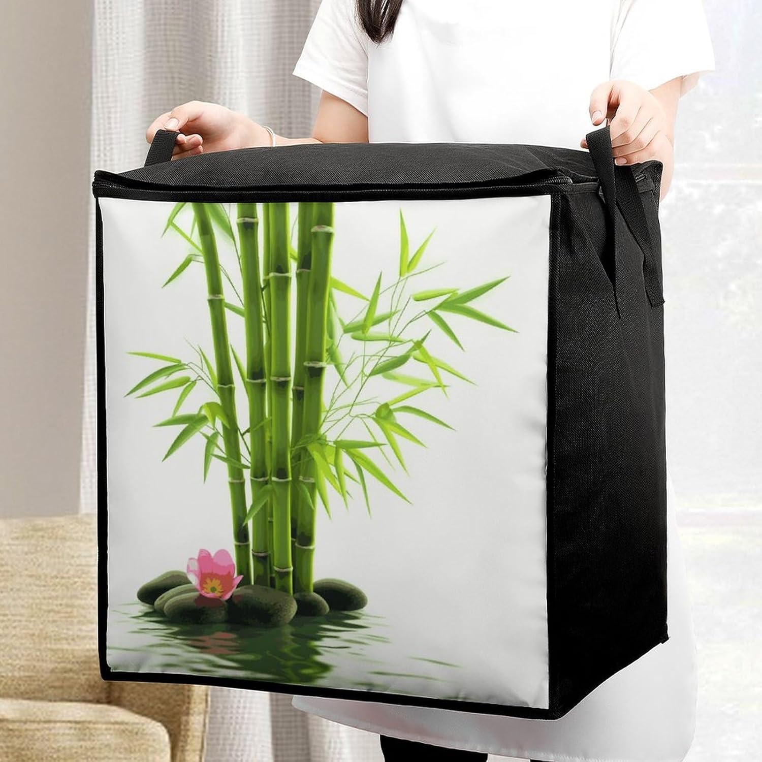 Green Bamboo Lotus Storage Bags Moving Bags Storage Bins | Comforter Storage Bag Reinforced Handles & Zippers Foldable Closet Organizers and Storage for Blanket Pillow Clothes