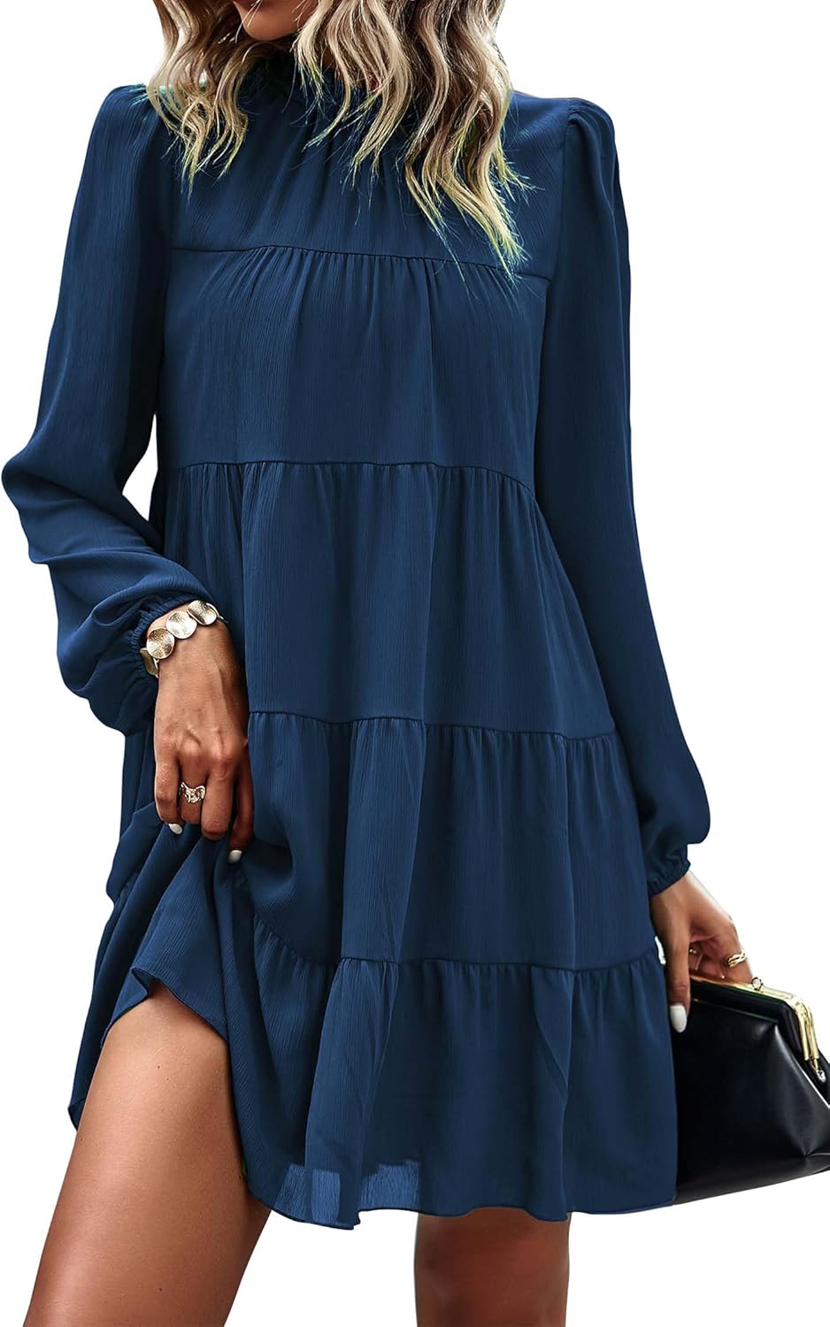 KIRUNDO Long Sleeve Baby Doll Dresses Women 2026 Casual Spring Summer Ruffle Mock Neck Tiered Mini Flowy Swing Shift Dress