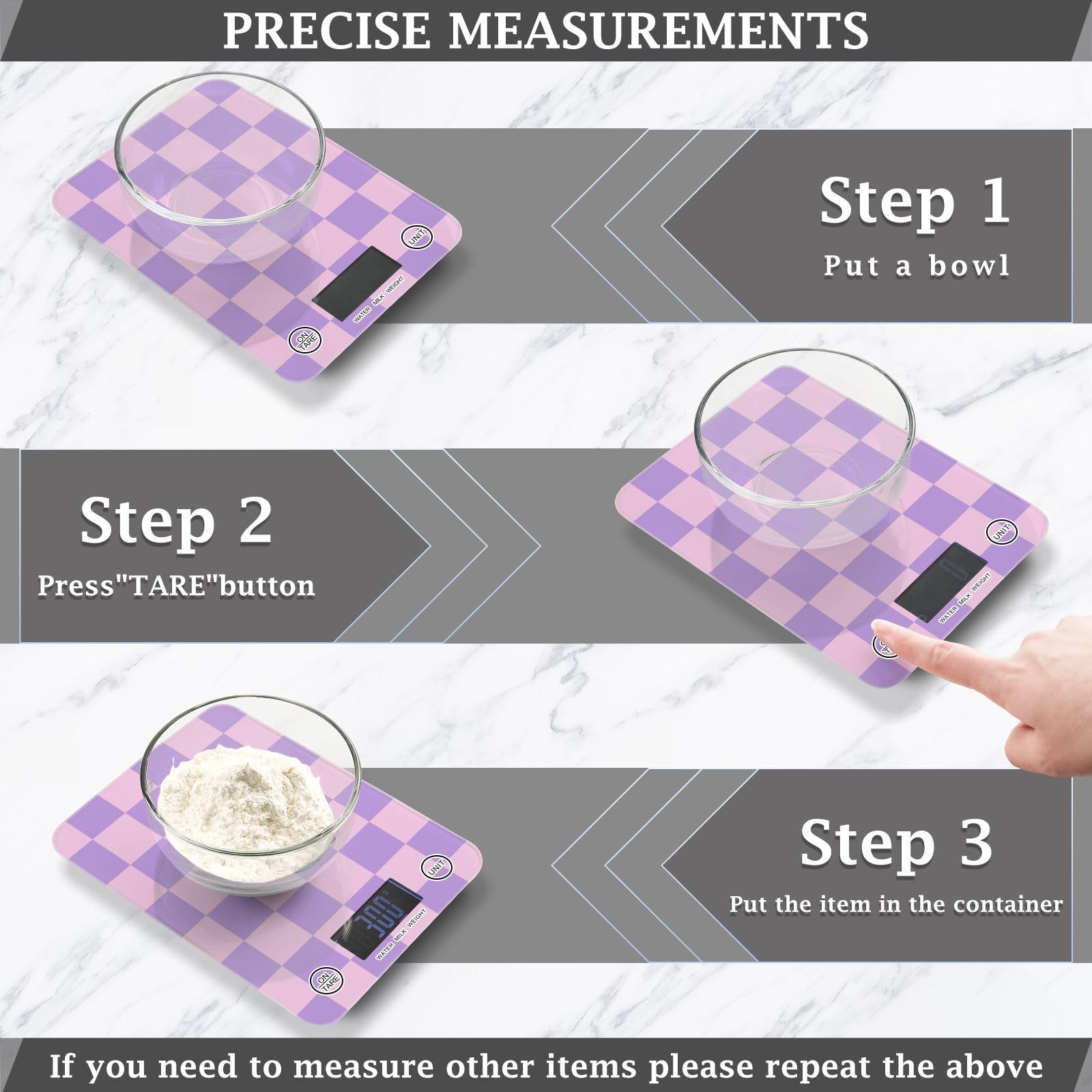 Báscula de cocina para hornear, cocinar, pesaje digital de alimentos, báscula de medición pequeña, impermeable, báscula eléctrica de alimentos a cuadros, color morado