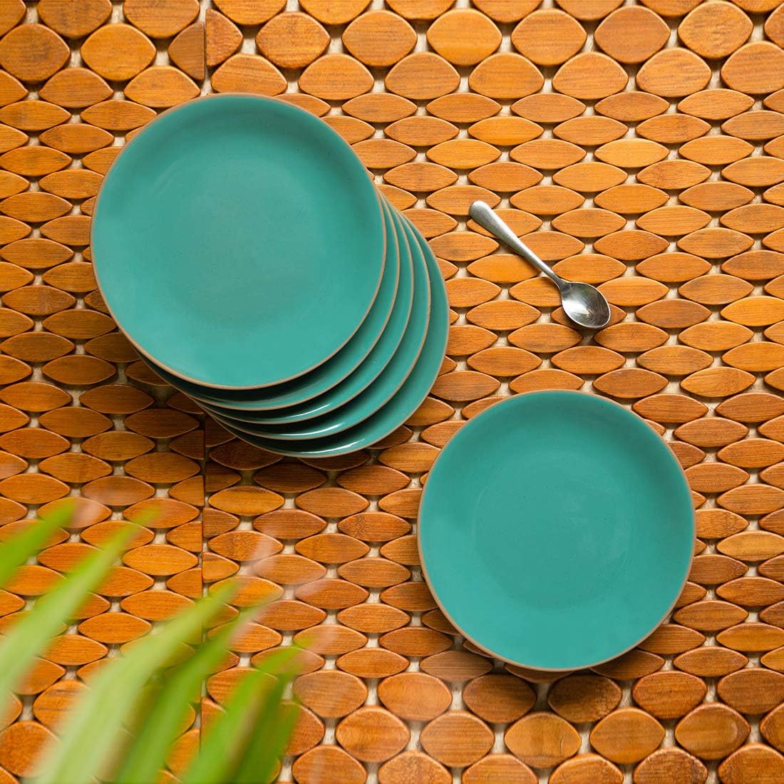 ExclusiveLane 'Earthen Turquoise' Hand Glazed Ceramic Quarter Plates & Side Plates (7 Inch, Set of 6, Dishwasher & Microwave Safe) - Ceramic Plates Breakfast Plates Serving Plates for Snacks Plates