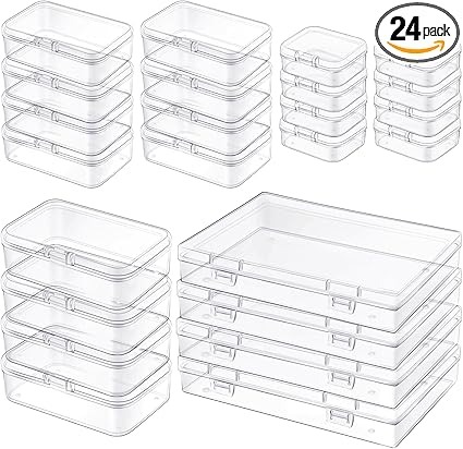 Qeirudu 24 Pcs Small Plastic Containers with Lids - Mini Plastic Craft Storage Boxes with Hinged Lids Clear Bead Organizer for Jewelry Findings and Art Supplies (4 Mixed Sizes)
