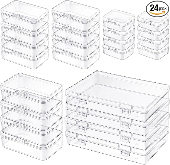 Qeirudu 24 Pcs Small Plastic Containers with Lids - Mini Plastic Craft Storage Boxes with Hinged Lids Clear Bead Organizer for Jewelry Findings and Art Supplies (4 Mixed Sizes)