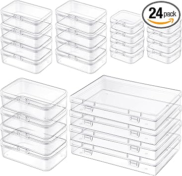 Qeirudu 24 Pcs Small Plastic Containers with Lids - Mini Plastic Craft Storage Boxes with Hinged Lids Clear Bead Organizer for Jewelry Findings and Art Supplies (4 Mixed Sizes)