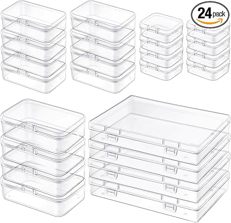 Qeirudu 24 Pcs Small Plastic Containers with Lids - Mini Plastic Craft Storage Boxes with Hinged Lids Clear Bead Organizer for Jewelry Findings and Art Supplies (4 Mixed Sizes)