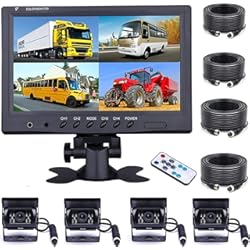 Monitores Para Vehiculos CAMECHO Camara Delantera/Trasera de Coche Kit, 9 Pulgadas 4 Divisiones, Camara Impermeable, 18 IR IP 68 Visión Nocturna con 2 x 33 pies y 2 x 65 pies para Camiones de Remolque