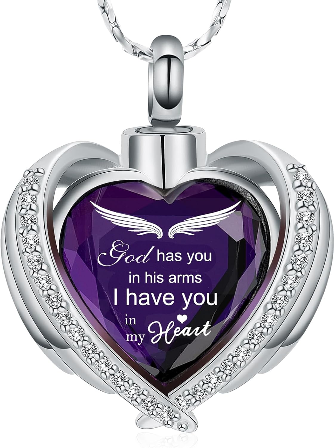 Imrsanl Angel Wing Heart Urn Pendant Necklaces for Women Girls Crystal Birthstone Cremation Jewelry Urns for Human Ashes Memorial Locket Keepsake Jewelry