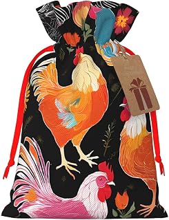 MUSM Cute Rooster Chickens Christmas Gift Bags With Drawstring Extra Large Reusable Burlap Santa Sack, Holiday Present Bags