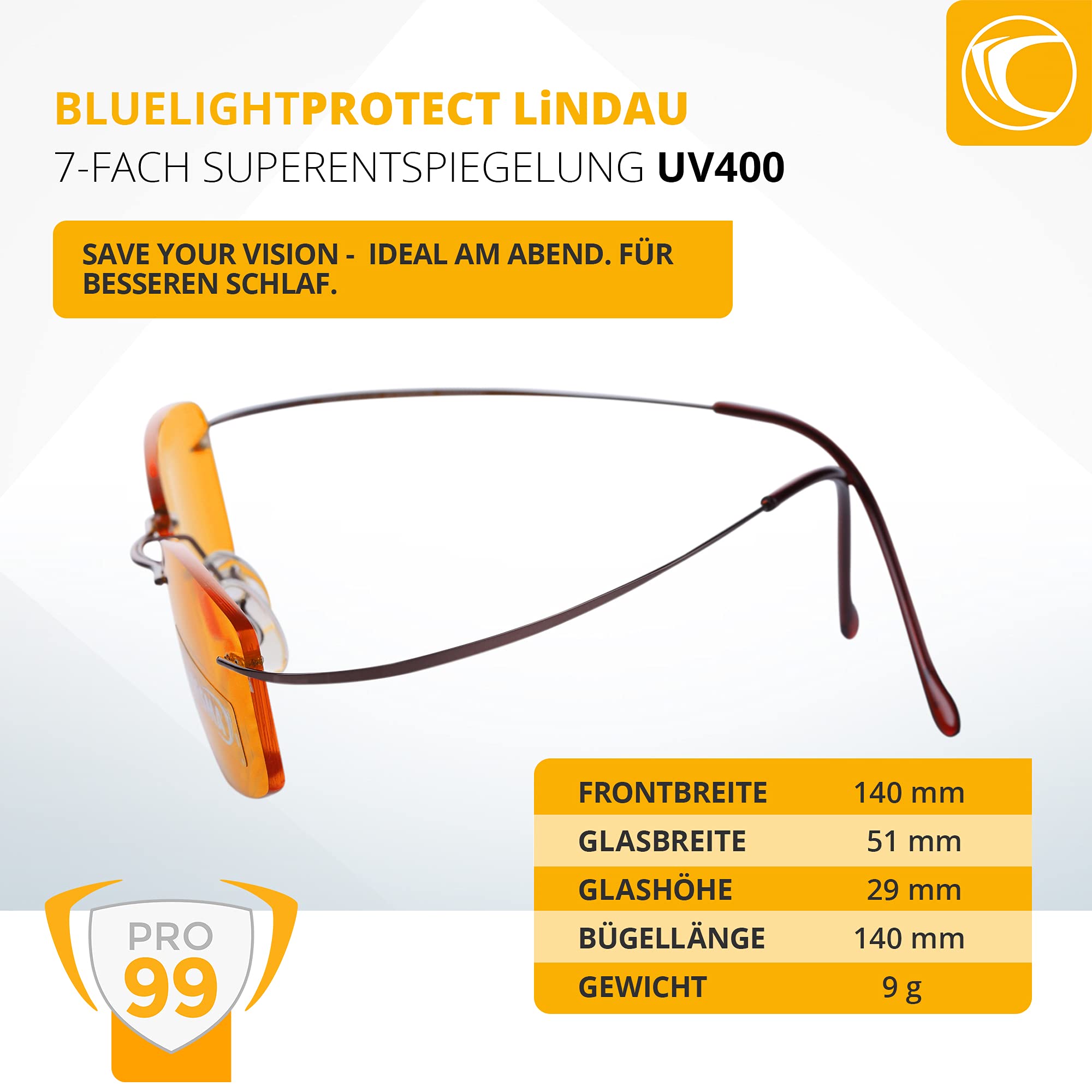 PRiSMA LiNDAU PRO99 Occhiali Filtro Luce Blu Occhiali Schermo con Filtro Luce Blu Filtra fino al 99% Luce Blu - L709