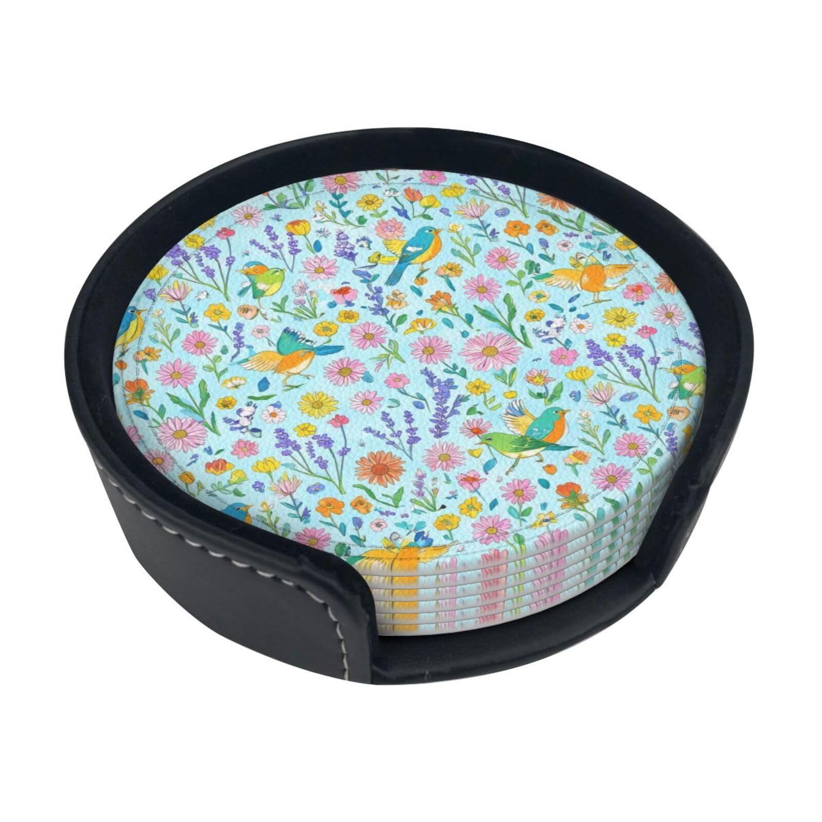 Flower Bird Leather Coasters-Set of 6 with Storage Holder