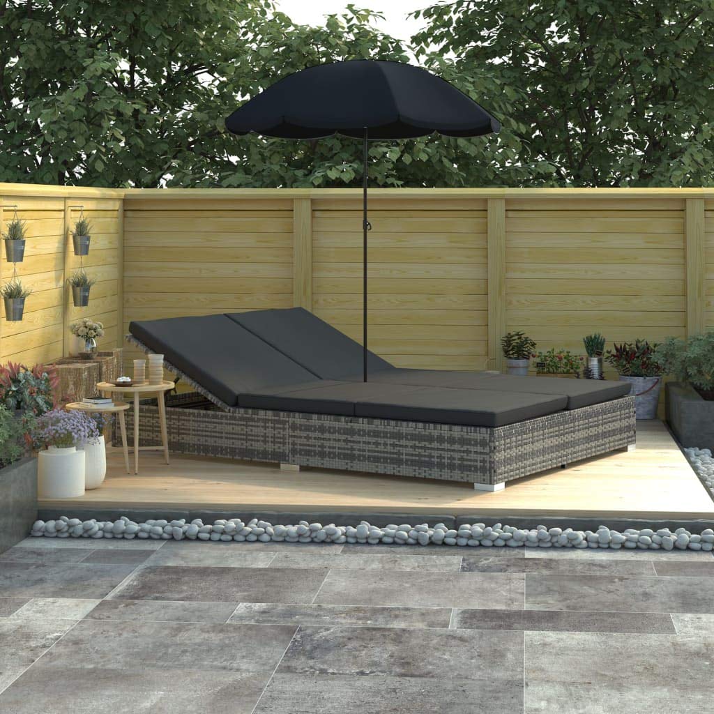 GaRcan Cama reclinable Ajustable para Acampar con sombrilla, ratán sintético Gris, Adecuada para Exteriores, césped, Patio, Playa, Tomar el Sol (Gris 77.6" x 55.1" x 74.8")