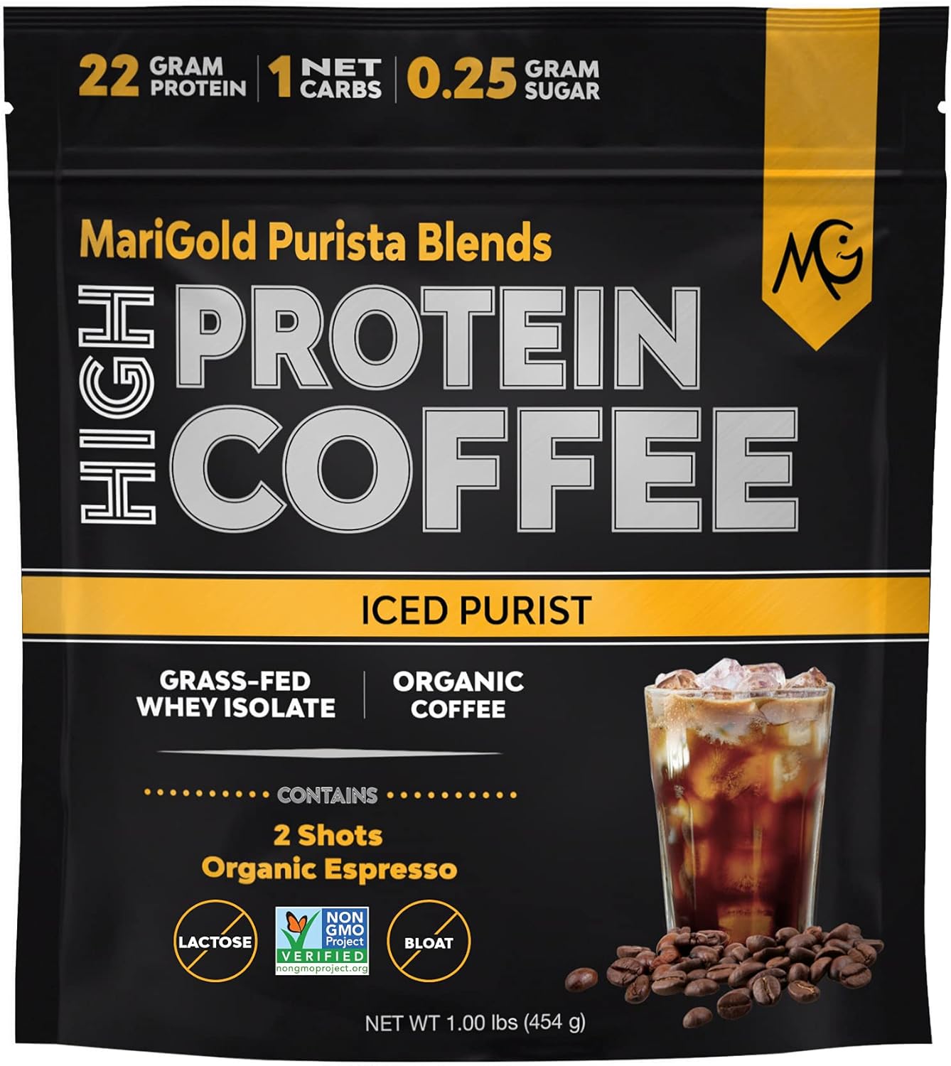 MariGold High Protein Coffee - Iced Purist Flavor | 22g Grass-Fed Whey Isolate Protein, 2 Shots Organic Espresso, Non-GMO, 108 Calories, 1 Net Carb | 1 Lb Bag - 15 Servings
