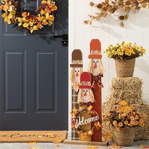 Glitzhome Fall Wooden Scarecrow Family with Wreath Porch Decor, Rustic