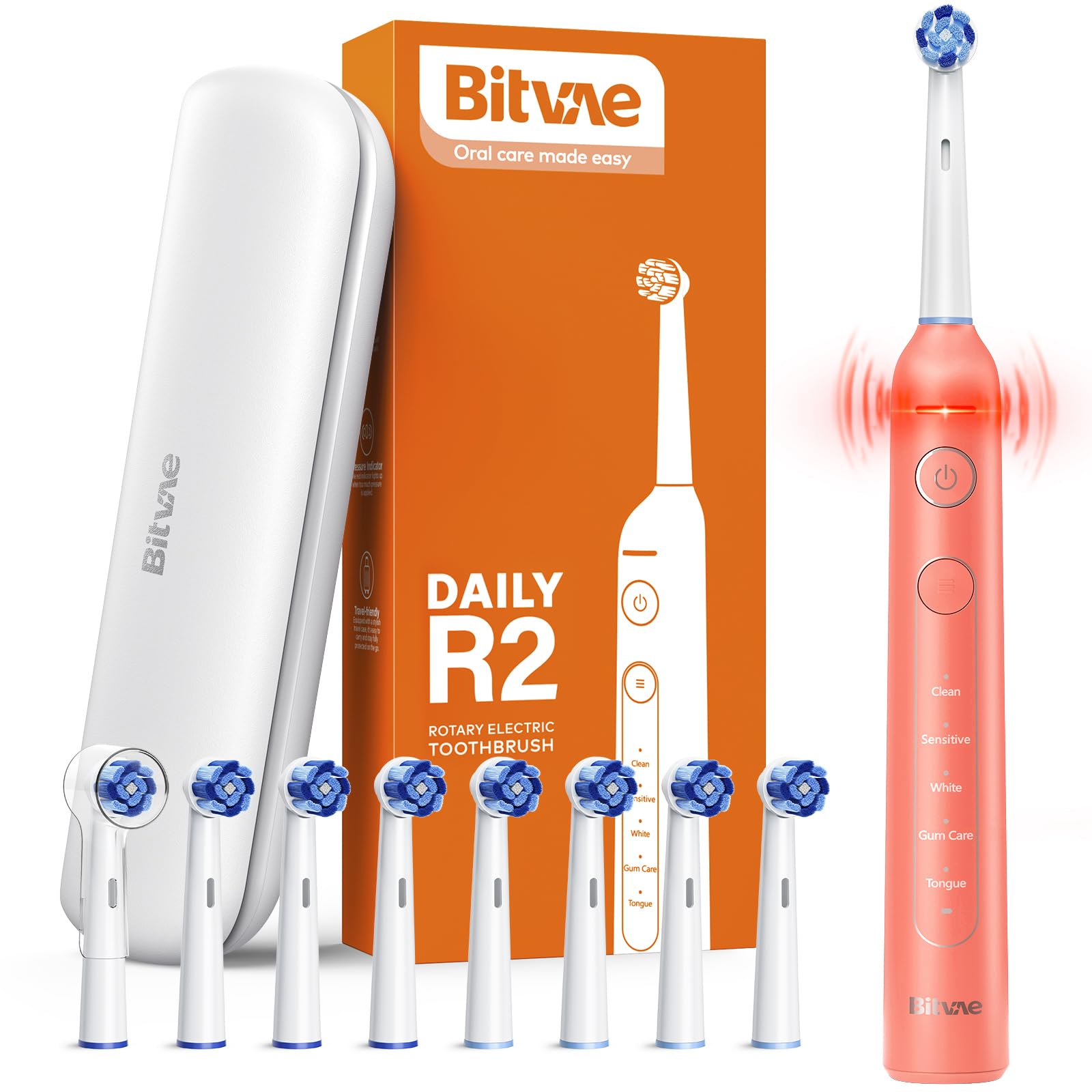 Bitvae R2 Rotating Electric Toothbrush for Adults with 8 Brush Heads, 5 Modes Rechargeable Power Toothbrush with Pressure Sensor, Coral Orange