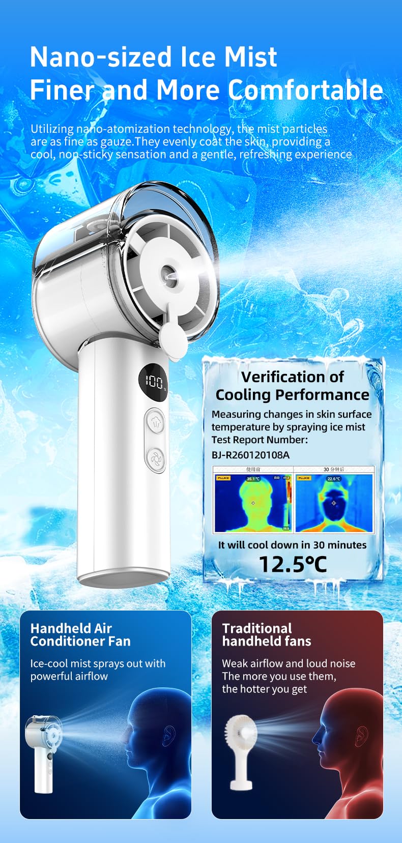 Wiederaufladbarer Handheld-Hochgeschwindigkeitslüfter mit Kühlspray, Outdoor-Kühlbefeuchter kleiner Lüfter, Langdruckschalter zur Einstellung der 100-Gangsanzeige/Kühlspray.