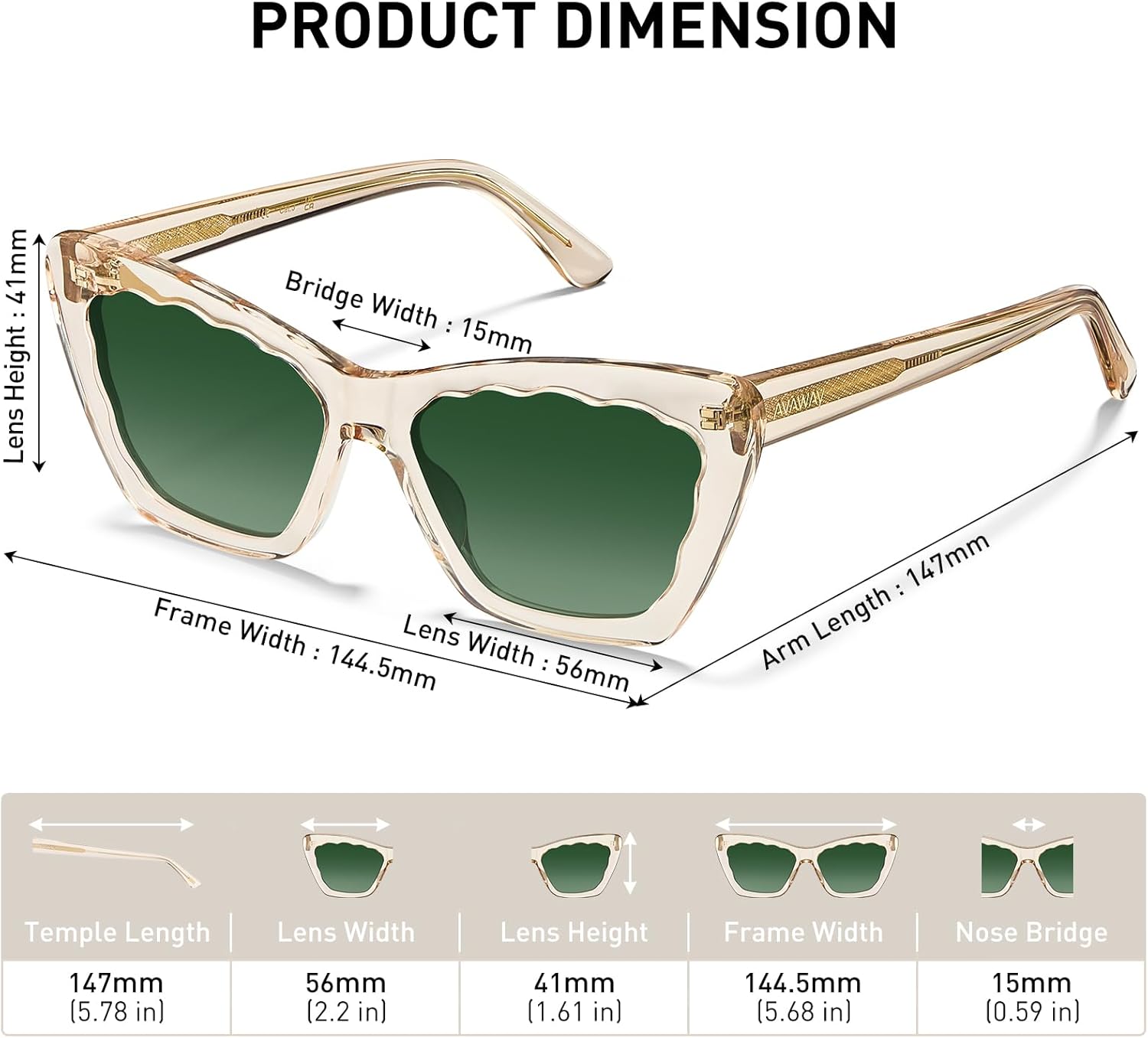 AVAWAY Polarized Sunglasses for Women Cat Eye UV Protection, Clear Trendy Square Acetate Sun Shades Ladies Sunnies