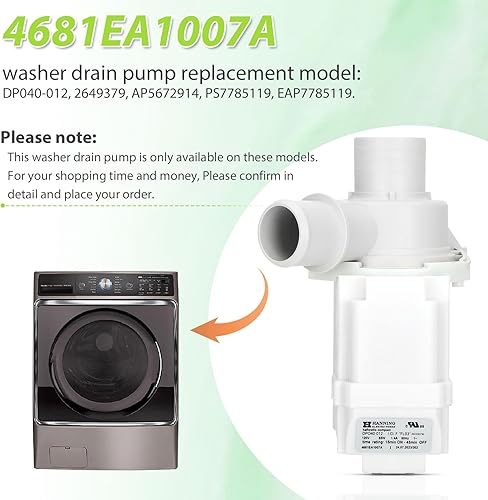 Miniatura 2 de 4681EA1007A DP040-012 2649379 Washer Pump Motor Assembly(OEM) Compatible with lg WT1201CV WT1201CW WT4870CW WT1501CW, kenmore 796.31513210, Part