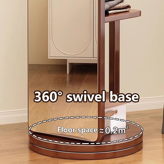 360° Rotatable Full Body Mirror, 2-in-1 Floor Mirrors and Coat Rack, Wood Full Length Mirror with Coat Rack, For Bedroom, Living Room