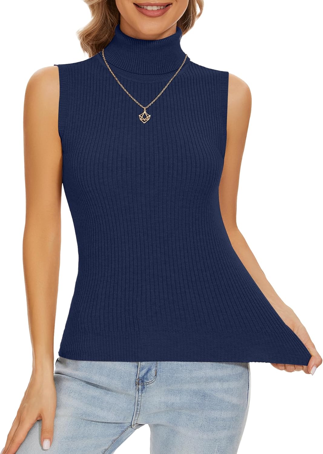 Sleeveless Turtlenecks Tops for Women Lightweight Knit Sleeveless Vest Stretchy Turtleneck - Image 3