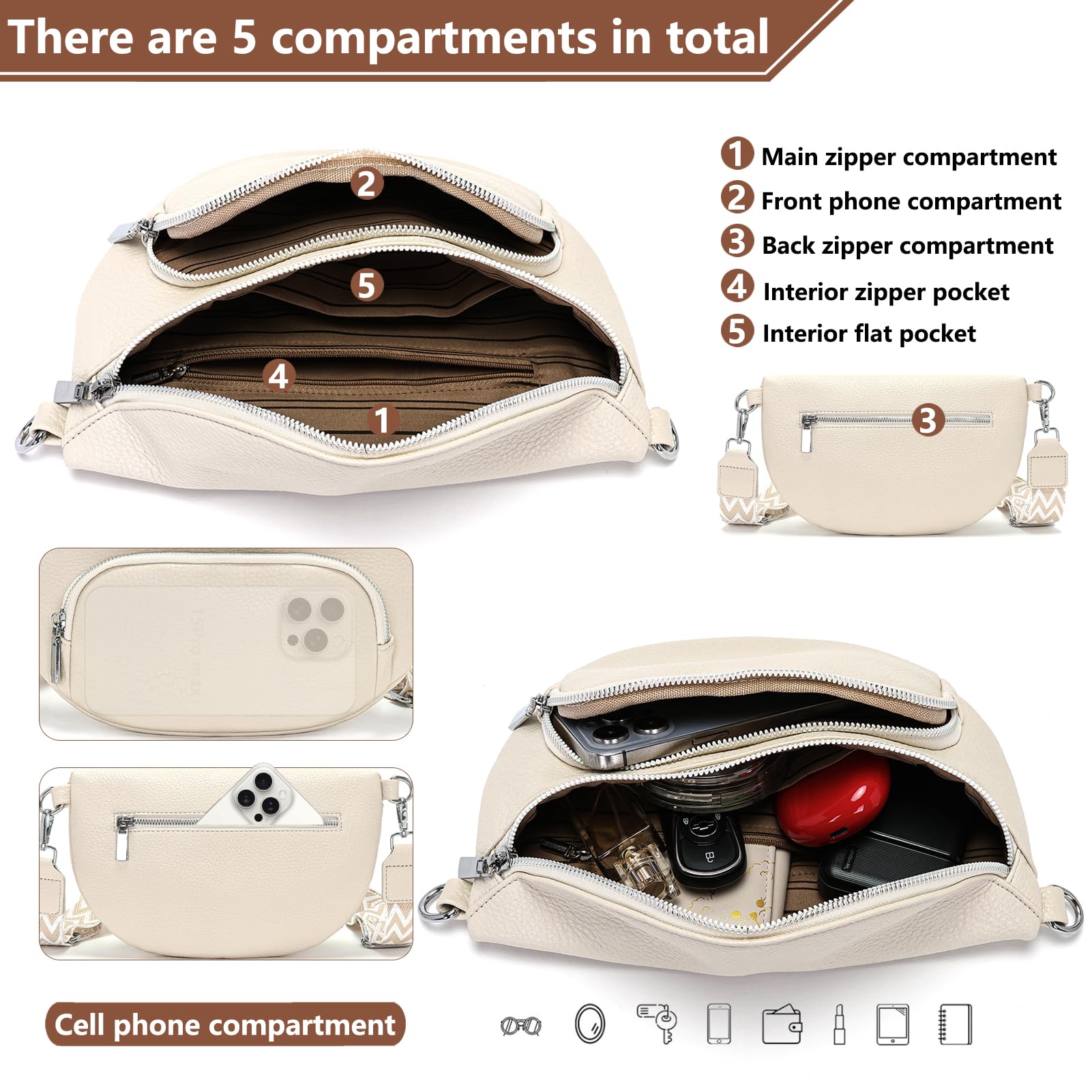 Rorimyth Sac Banane Femme Bandoulière Beige Petit Sacoche Femme bandoulière Cuir Vegan Sac bandouliere Tendance Sacs Banane Ville