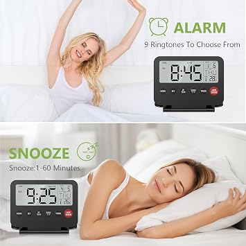 KeeKit Digital Travel Alarm Clock, Large LCD Display Front Button with Date, Temperature, Snooze, Backlight, AAA Battery Operated(Not Included), Desk Clock for Home, Office, Travel