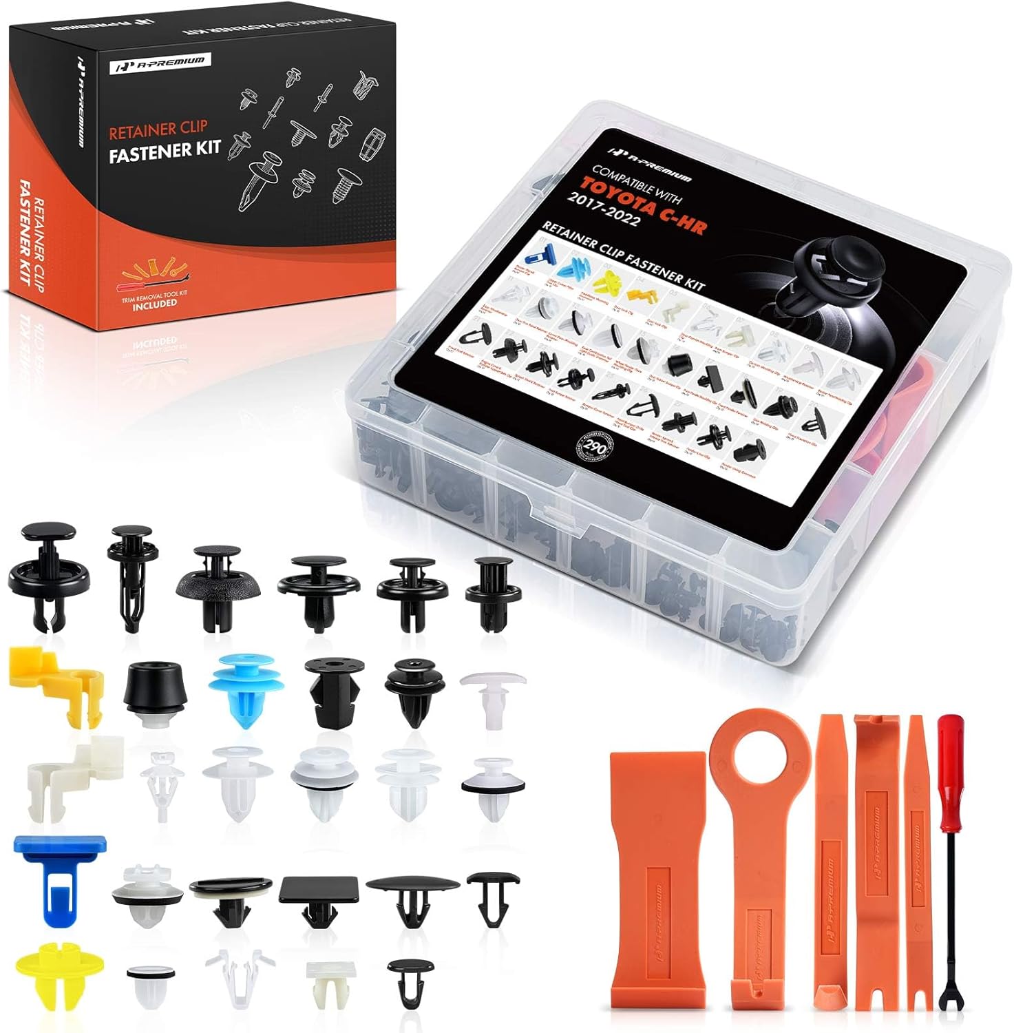 A-Premium 290 PCS Bumper Retainer Clips Plastic Rivets Push Retainer Kit 29 Sizes 48.8oz Fender Hood Door Trim Clips Compatible with Toyota C-HR 2017-2022, w/Removal Tool