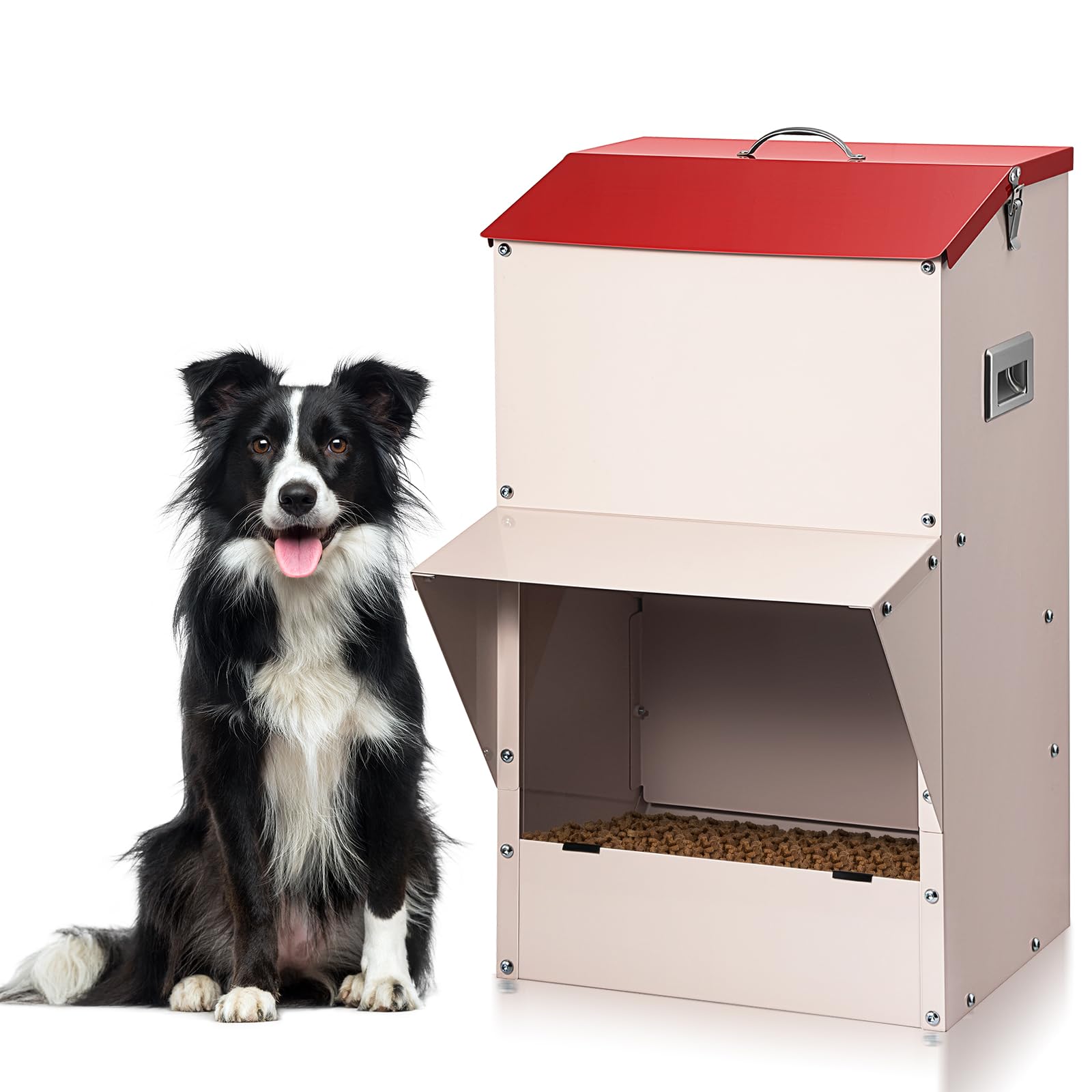 Enrienn Automatic Dog Feeder Large Breed, 50 LB Capacity Outdoor Pet Food Dispenser, Powder-Coated Steel Gravity Dog Food Feeder with Clear Door, Wall