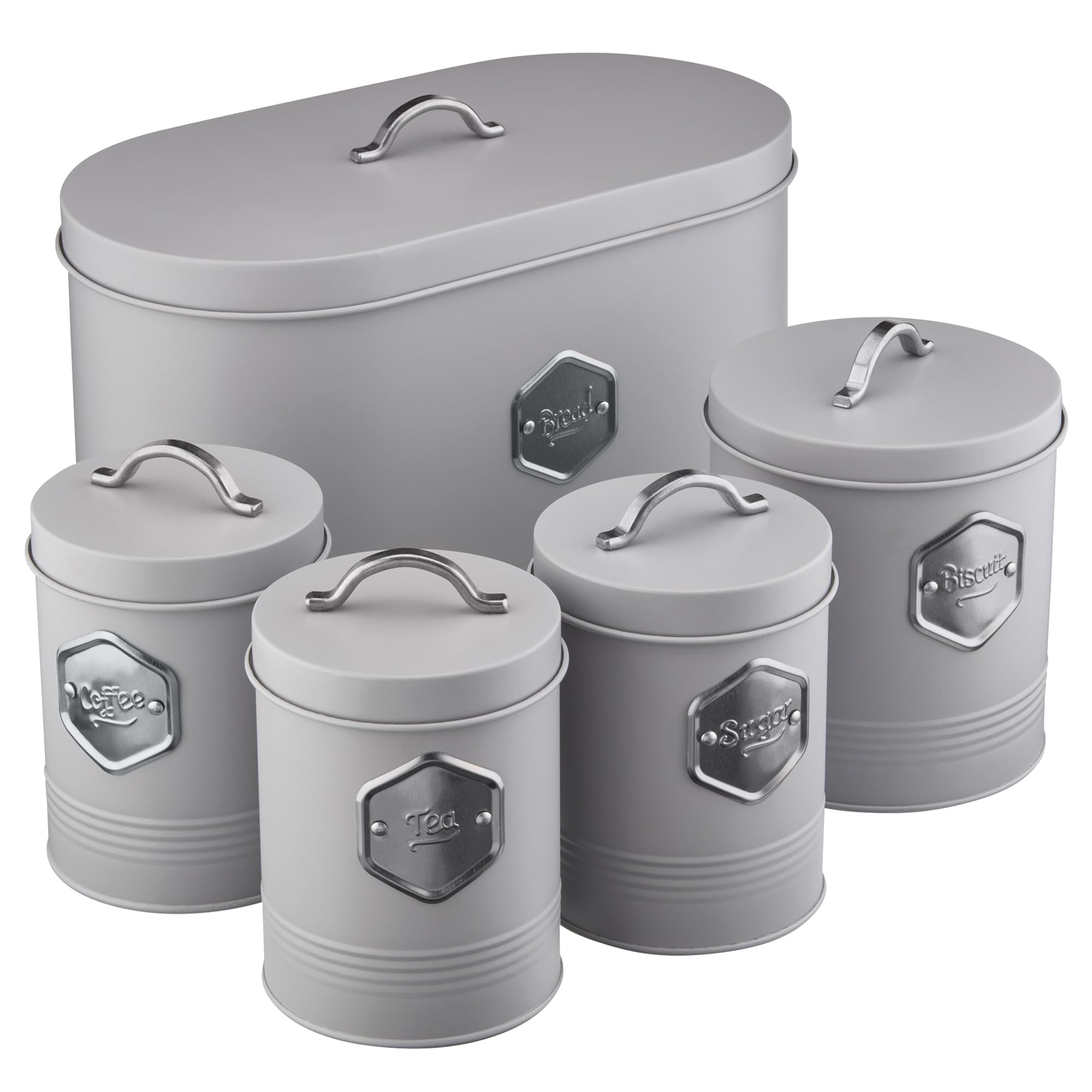 Cooks Professional 5 Piece Tea Coffee Sugar Bread & Biscuit Cannister Set | Labelled Storage Tins | Containers with Airtight Lids | Canisters for Kitchen Accessories & Essentials | Grey & Silver โ image 1