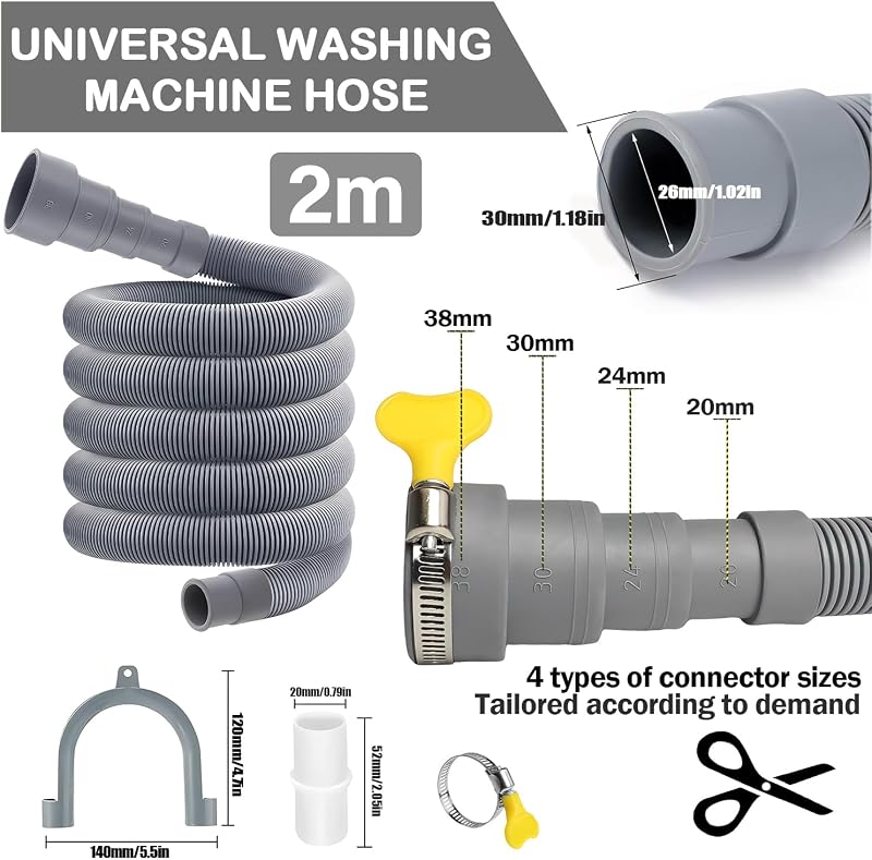 Set de extensie universal XEIYEI pentru furtunul de scurgere al mașinii de spălat, 2 m, pentru evacuarea apei reziduale, cu 4 conectori, pentru mașini de spălat, mașini de spălat vase și rulote
