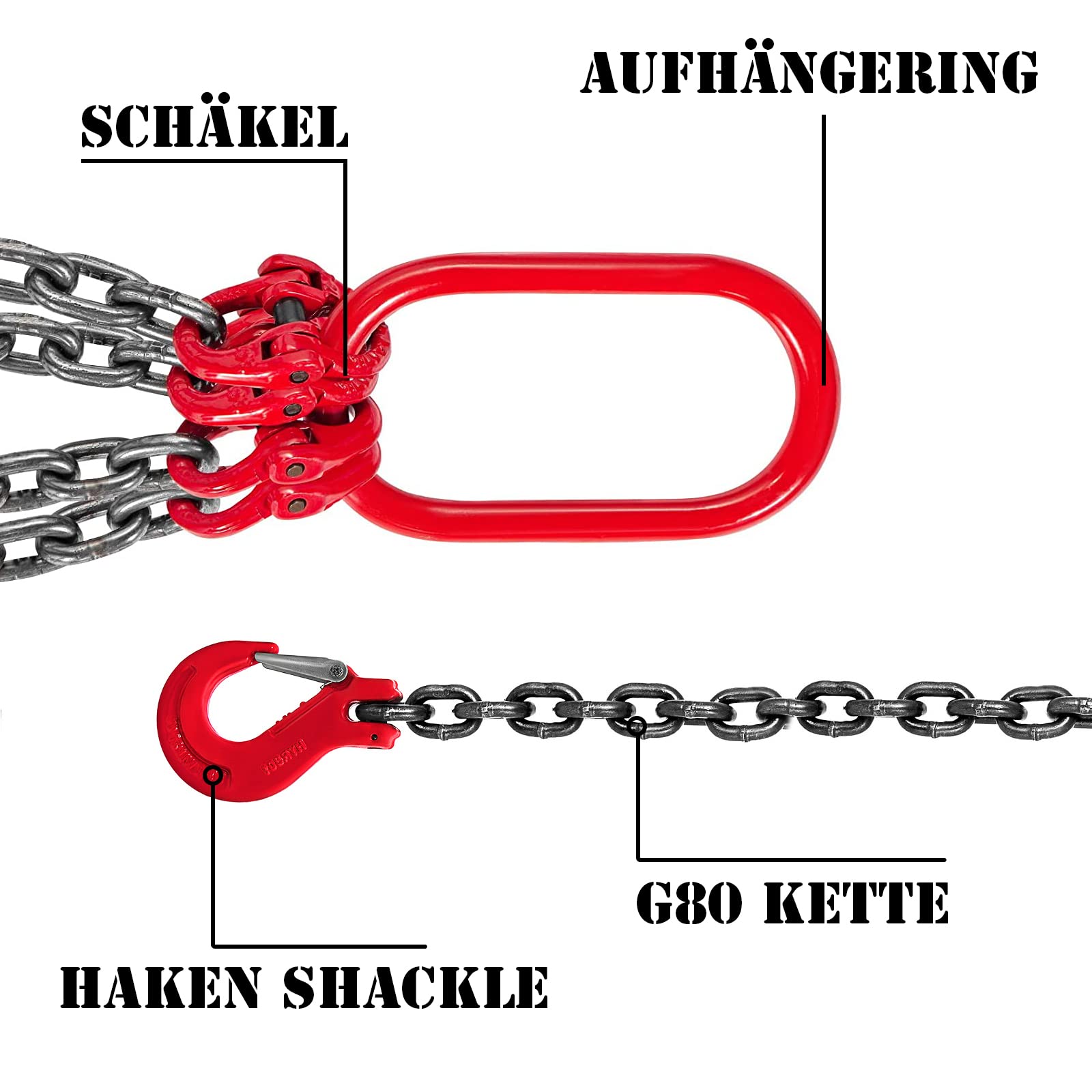 G80 Hebegurt Kettengehänge 2m 6T, 4 Strang 8mm Anschlagketten Rückekette Krankette hohe Festigkeit Transportieren von Lasten Krangehänge