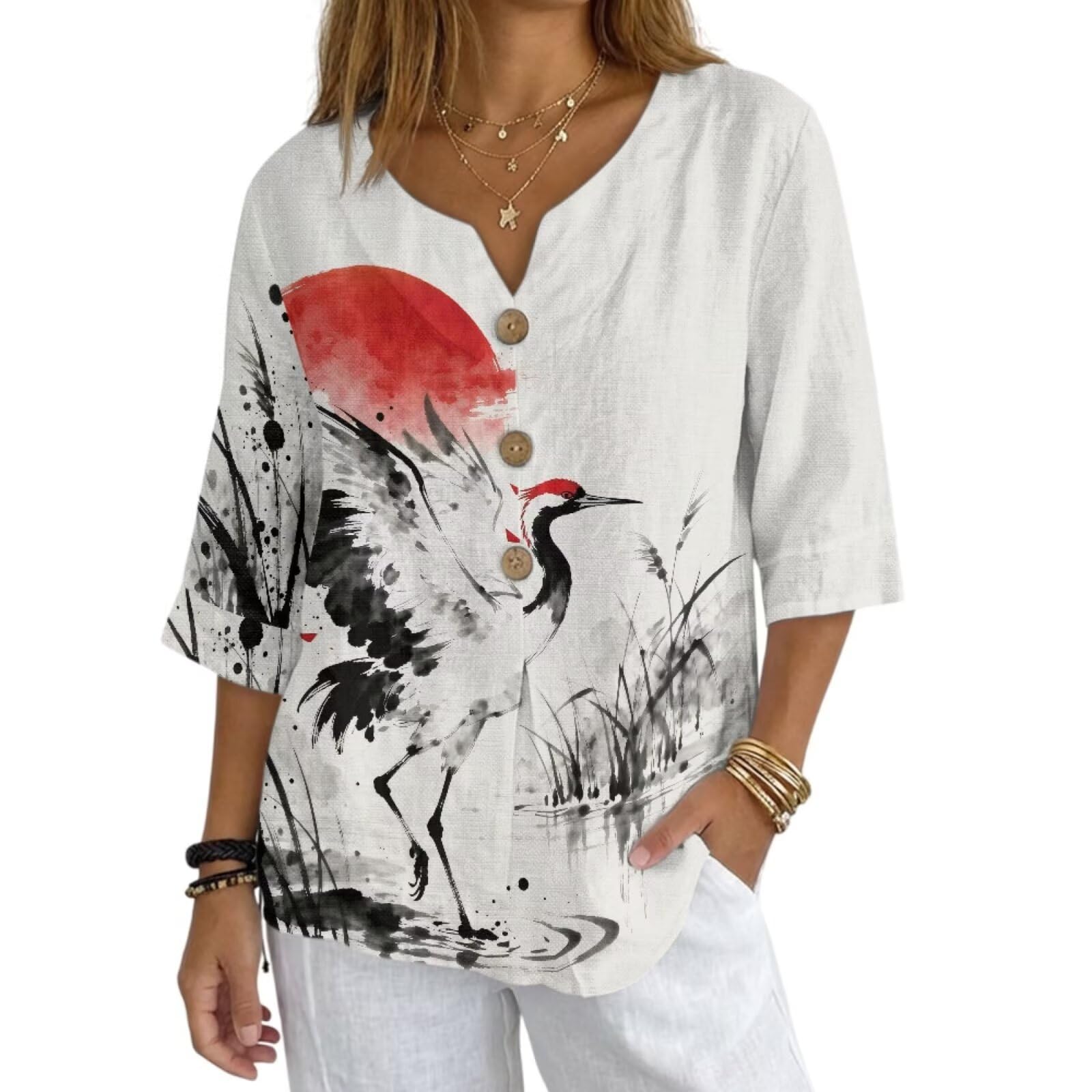 Women's V-Neck Tunic Top, Casual Polyester Linen Blouse with Decorative Buttons, Loose Fit Easy Care Everyday Wear