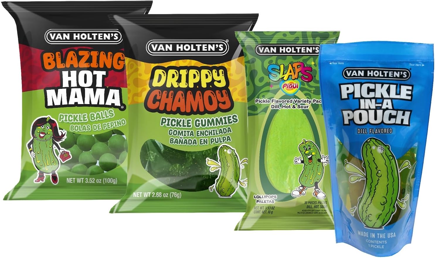 Van Holten's Pickles - 1 Jumbo Dill Pickle and Novelty Pickle Flavored Candy Variety Pack - Slaps Lollipops, Blazing Hot Mama Pickle Balls & Drippy Chamoy Pickle Gummies