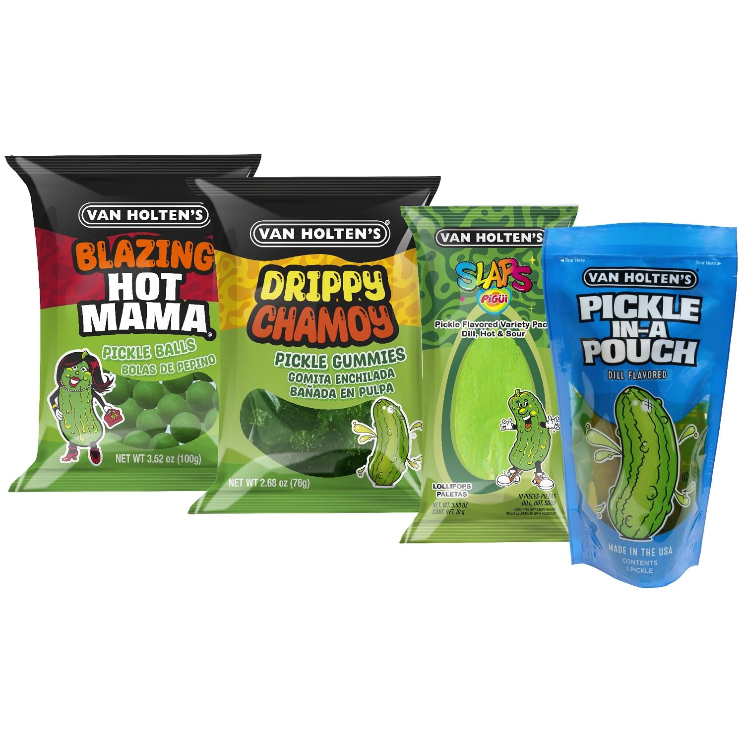 Van Holten's Pickles - 1 Jumbo Dill Pickle and Novelty Pickle Flavored Candy Variety Pack - Slaps Lollipops, Blazing Hot Mama Pickle Balls & Drippy Chamoy Pickle Gummies
