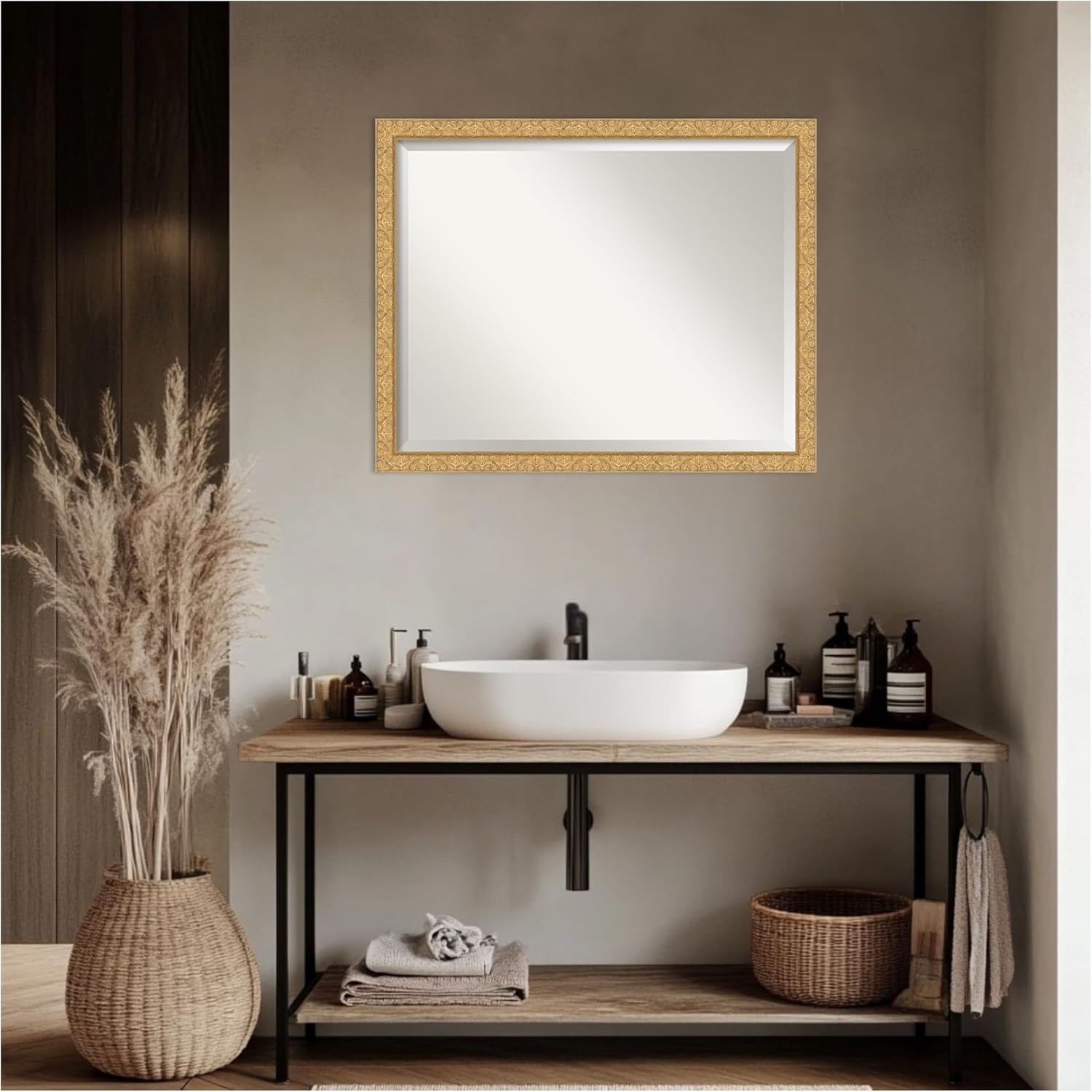 Amanti Art Gold Bathroom Mirror for Over Sink, 24x30 Lila Gold Rectangle Vanity Mirror, Large Traditional Wood Frame, Hangs Horizonally and Vertically, Bathroom Wall Decor, Beveled Edge