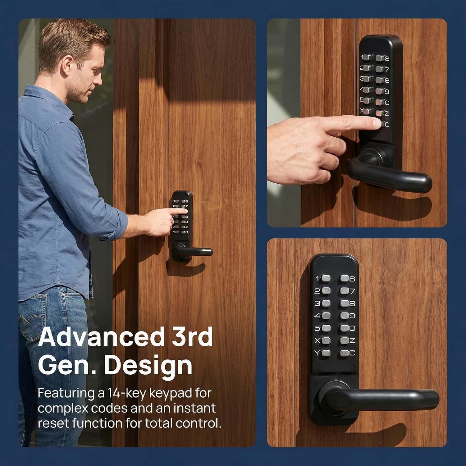 Digital Code Keypad Security Entry Door- 14 - Button Mechanical Keyless Entry Lock with Passage Function and Panel - Based Code Reset (209-black)