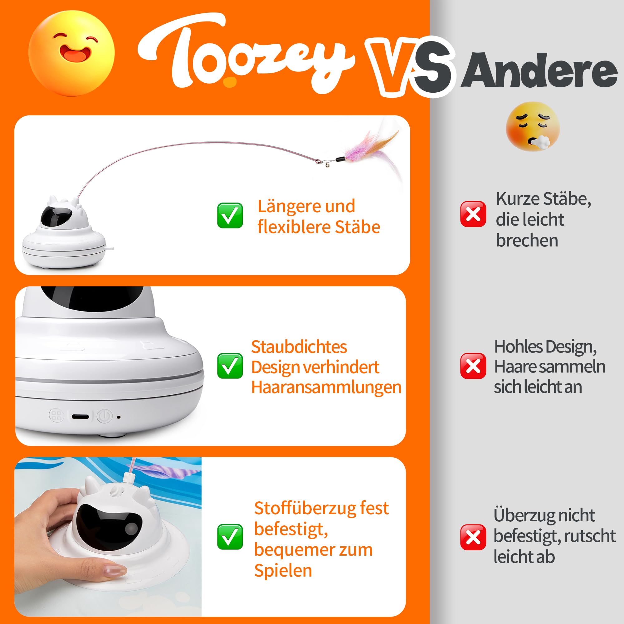 Toozey Interaktives Katzenspielzeug mit 3 abnehmbaren Federn, Elektrisches Katzenspielzeug mit Federautomatik & USB-Aufladung, Selbstbeschäftigungspielzeug für Katzen jeden Alters, Blau